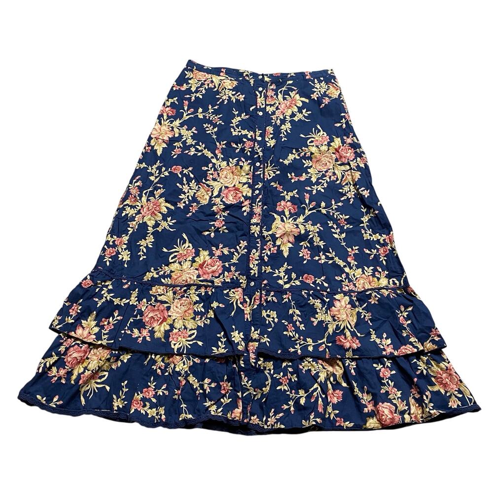 Vintage Ralph Lauren Blue Floral Cottagecore Cotton Ruffle Skirt Size 12 Women